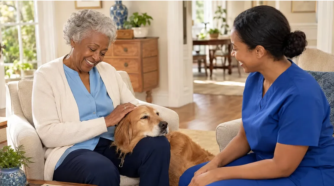 A senior woman petting her dog while chatting with her caregiver
