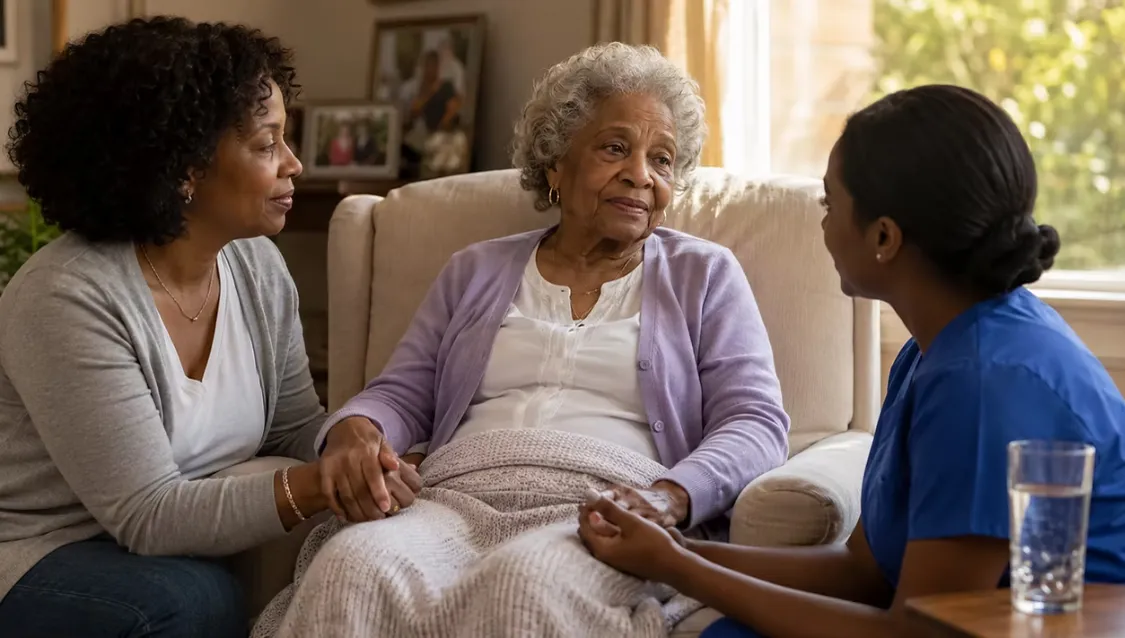 A family and caregiver listening to an older woman at home