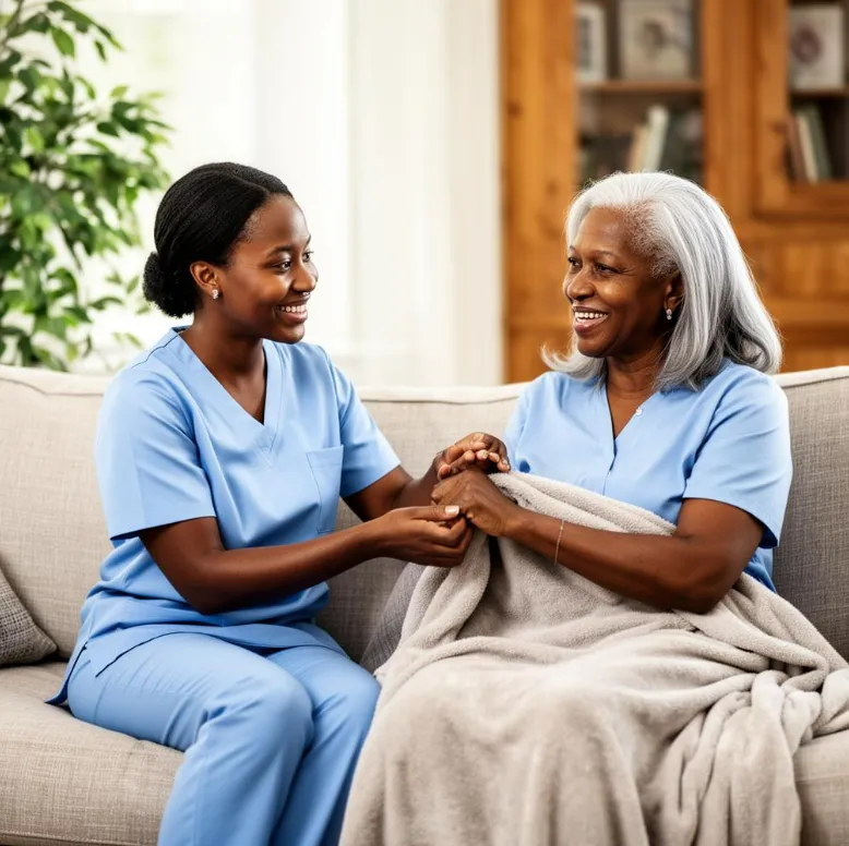 A caregiver and an older woman holding hands on a sofa