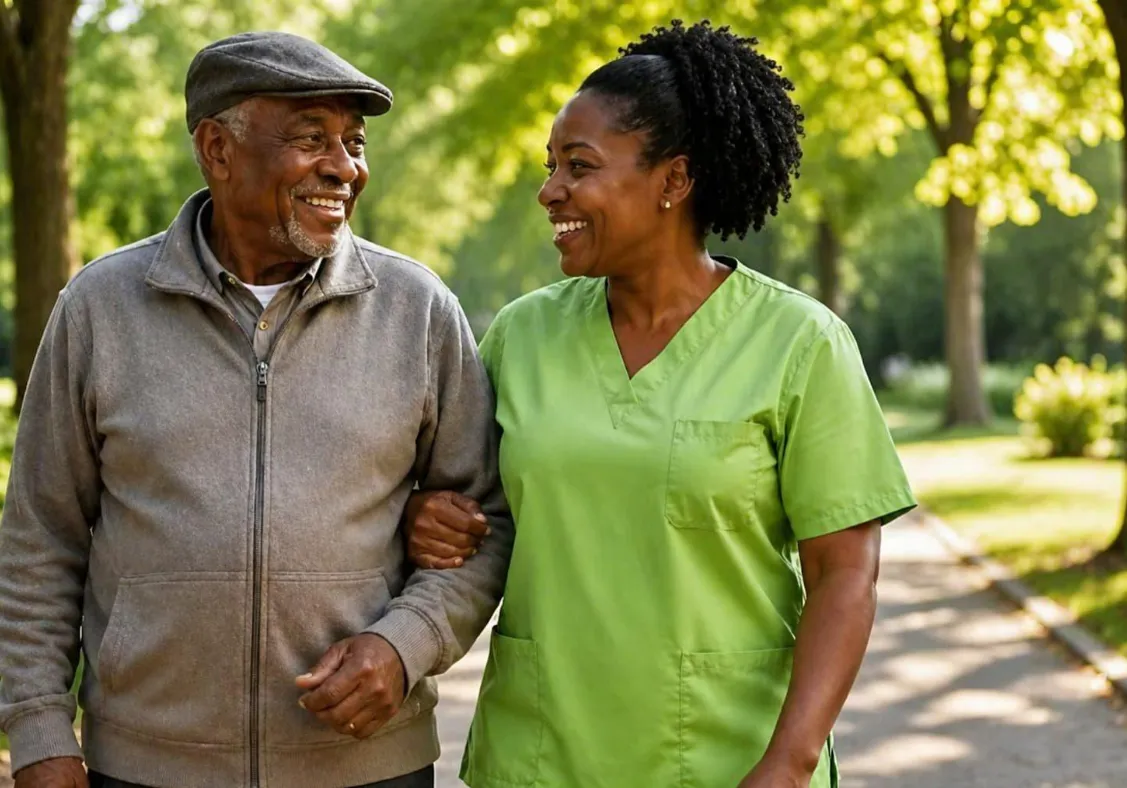 A caregiver walking arm in arm with a smiling older man in a park