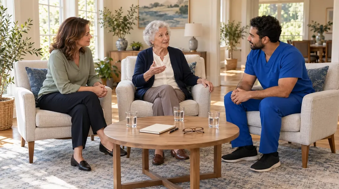 A family member and a caregiver sitting with a senior around a coffee table