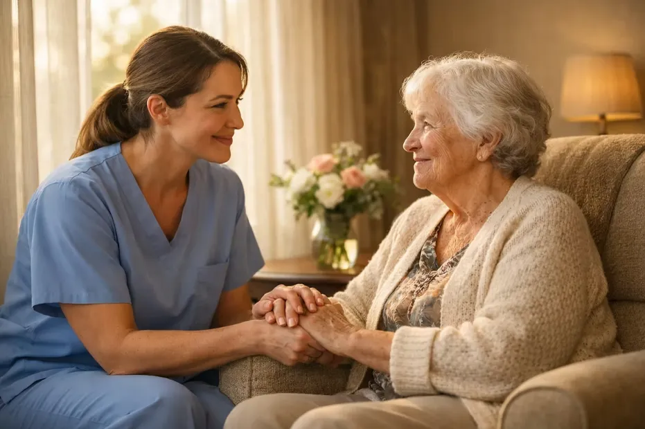 A caregiver and an older woman sharing a conversation at home